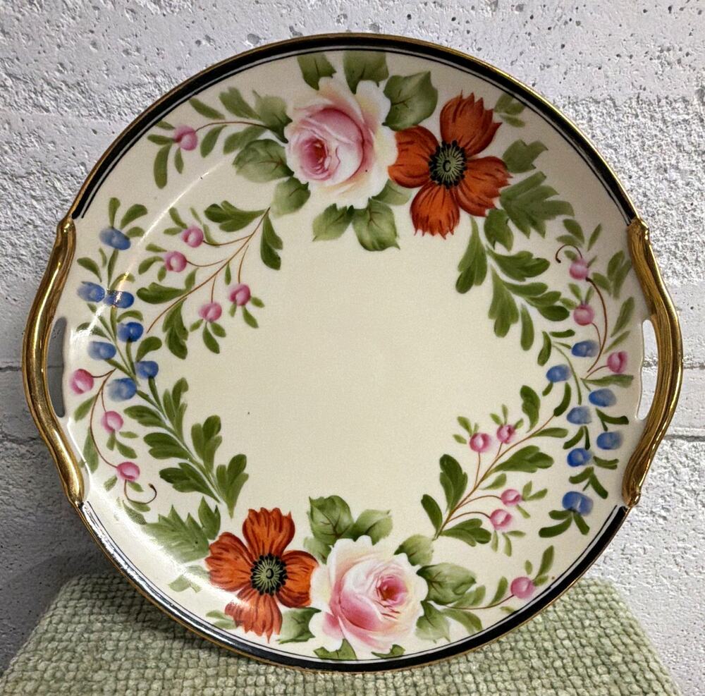 Vintage Moriyama Japan 9.5” Hand Painted Floral Plate Roses Gold Trim Handles